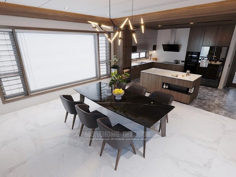 Một bộ bàn ăn gỗ tự nhiên với mặt bàn đá cao cấp màu đen, kết hợp với ghế gỗ bọc sofa đơn giản hiện đại, sẽ làm nên một không gian sum họp, ấm cúng phòng ấm.